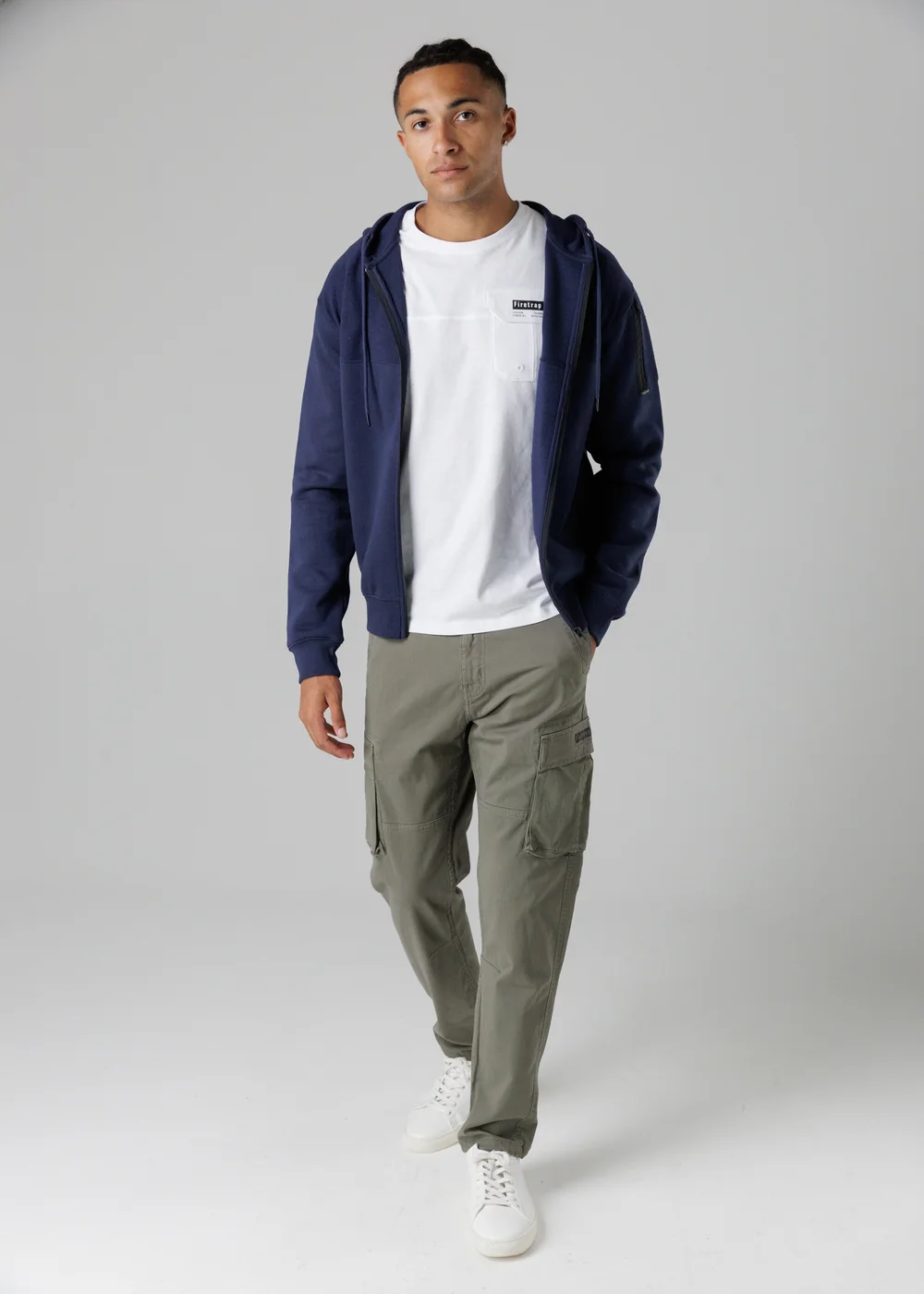 Firetrap Dark Blue Regular Fit Cotton Rich Zip Through Hoody With Sleeve Pocket - S Image 4