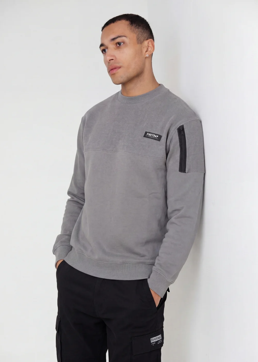 Firetrap Grey Regular Fit Cotton Rich Crew Neck Sweatshirt With Sleeve Pocket - S Image 1