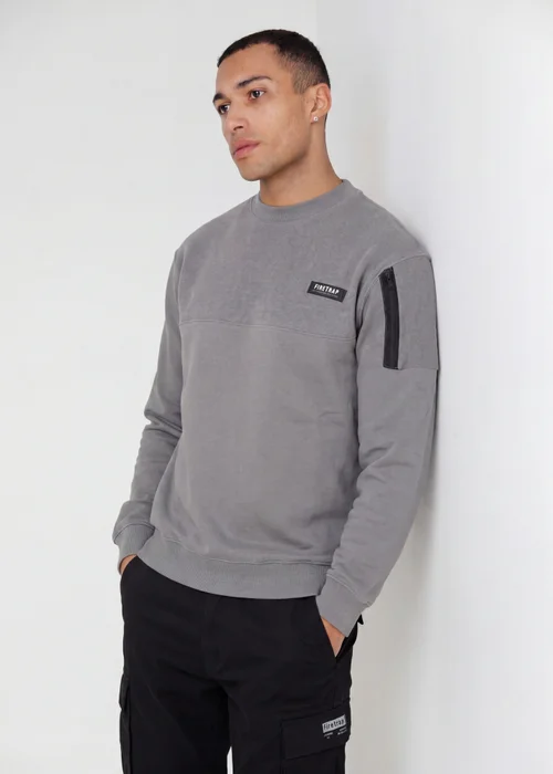 Firetrap Grey Regular Fit Cotton Rich Crew Neck Sweatshirt With Sleeve Pocket - S Image 1