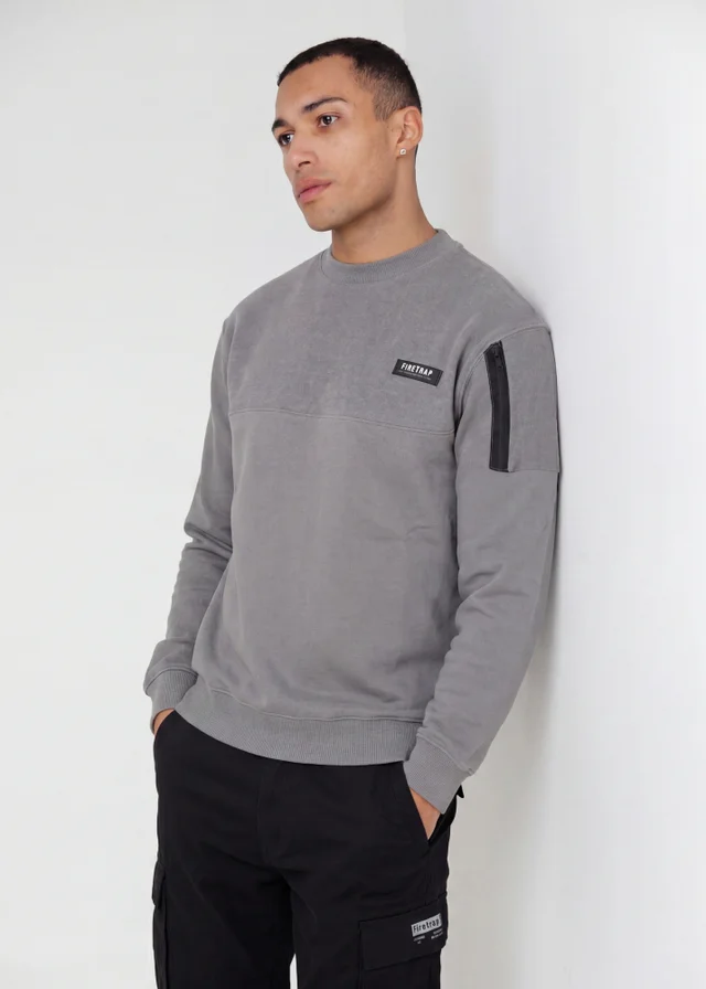 Firetrap Grey Regular Fit Cotton Rich Crew Neck Sweatshirt With Sleeve Pocket