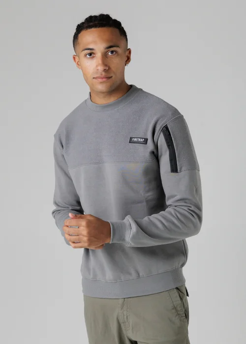 Firetrap Grey Regular Fit Cotton Rich Crew Neck Sweatshirt With Sleeve Pocket - S Image 4