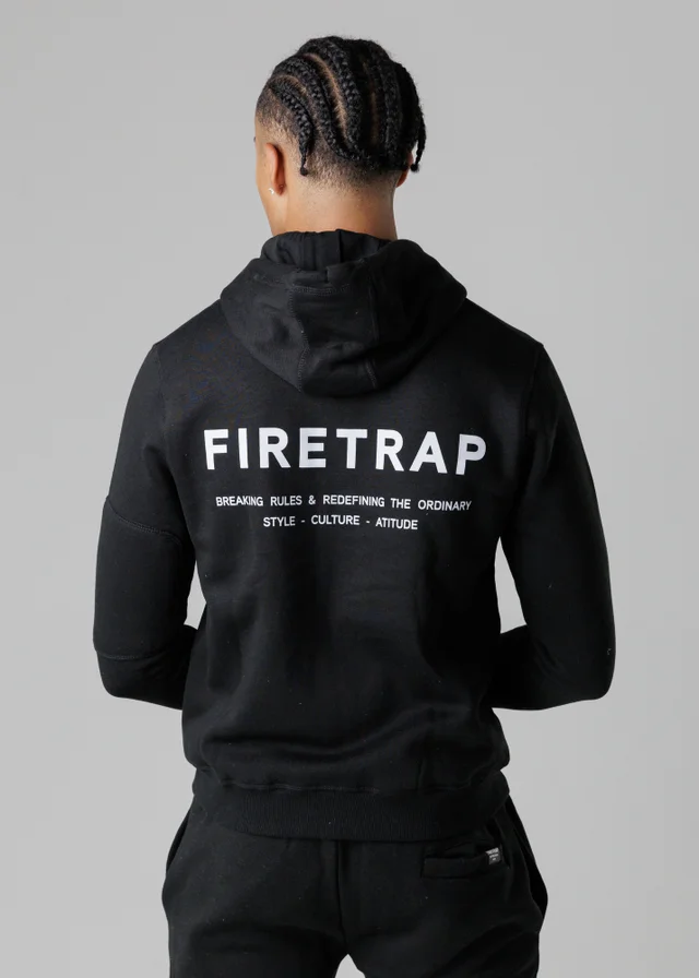 Firetrap Black Regular Fit Zip Through Fleece Hoody With Drawstrings