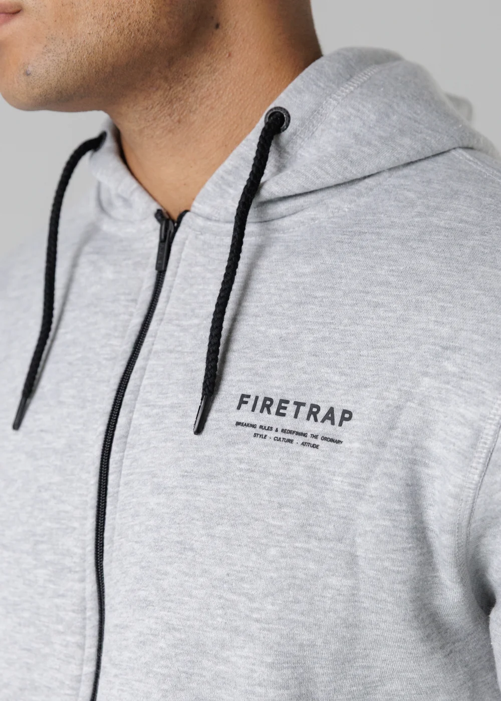 Firetrap Light Grey Regular Fit Zip Through Fleece Hoody With Drawstrings - S Image 5