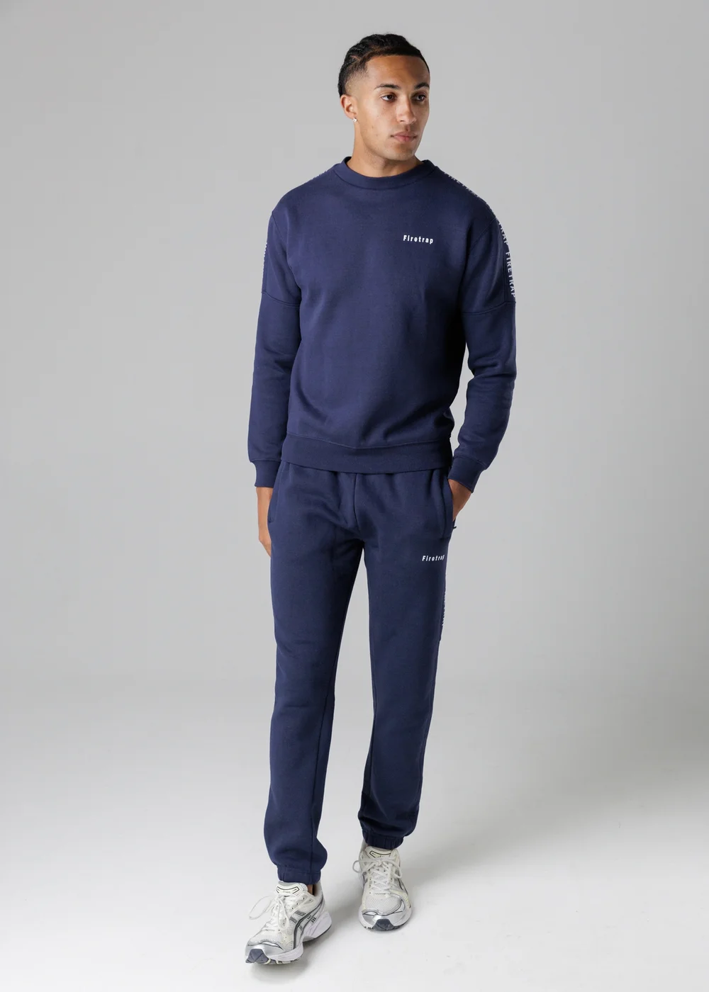 Firetrap Dark Blue Cotton Rich Brushed Fleece Crew Neck Sweatshirt With Logo Strip Sleeves - S Image 4