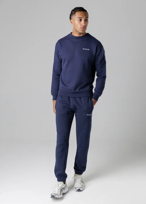 Firetrap Dark Blue Cotton Rich Brushed Fleece Crew Neck Sweatshirt With Logo Strip Sleeves - S Image 4