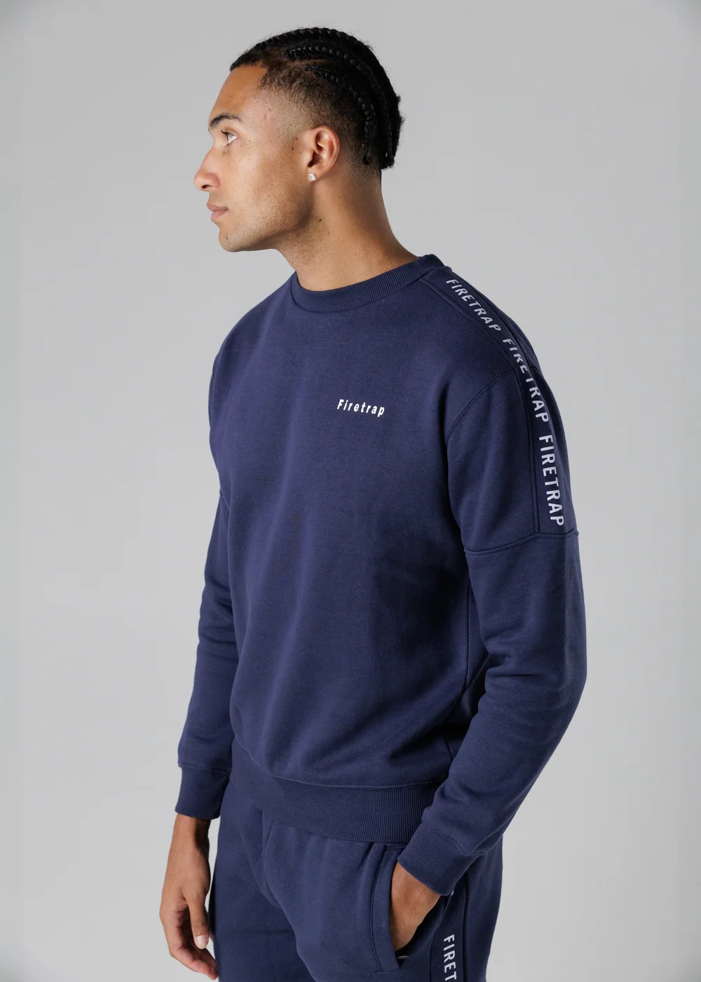 Firetrap Dark Blue Cotton Rich Brushed Fleece Crew Neck Sweatshirt With Logo Strip Sleeves - S Image 3