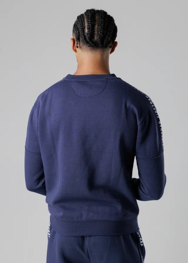 Firetrap Dark Blue Cotton Rich Brushed Fleece Crew Neck Sweatshirt With Logo Strip Sleeves