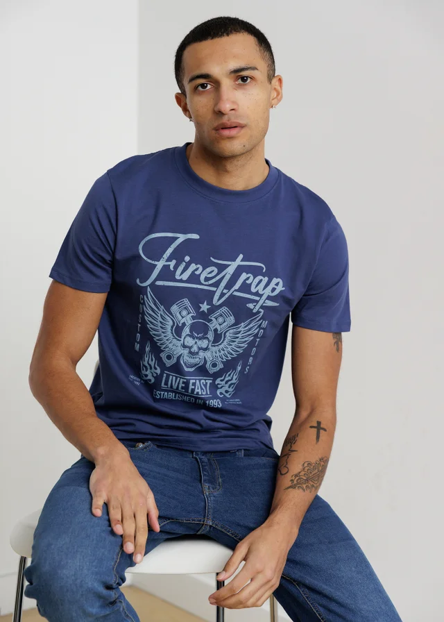 Firetrap Dark Blue Regular Fit Cotton Graphic Crew T-Shirt