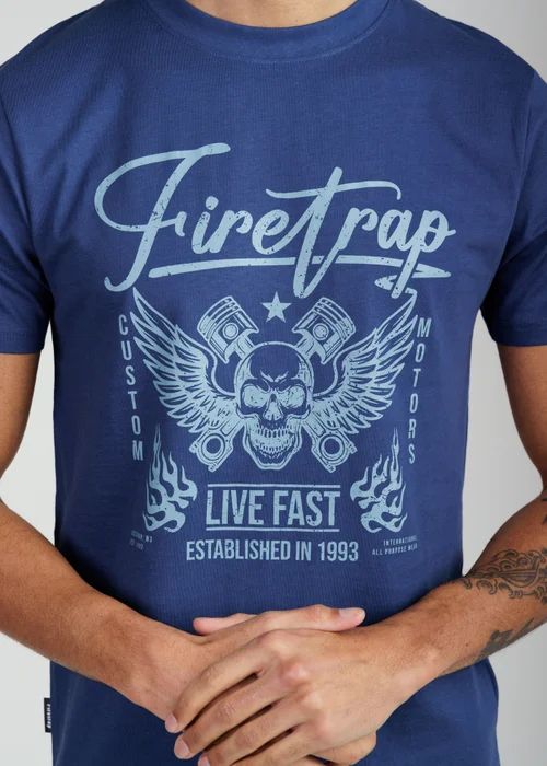 Firetrap Dark Blue Regular Fit Cotton Graphic Crew T-Shirt - S Image 3