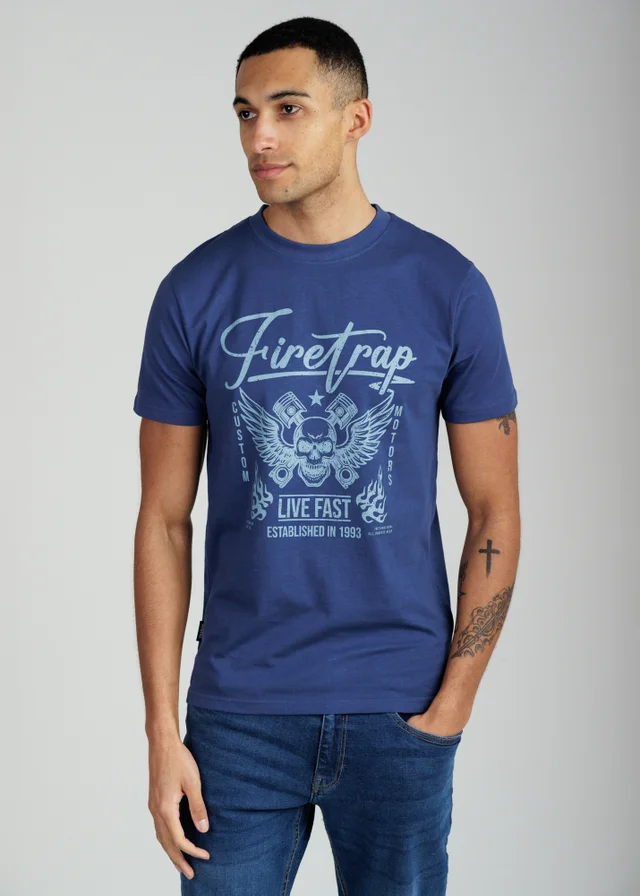 Firetrap Dark Blue Regular Fit Cotton Graphic Crew T-Shirt