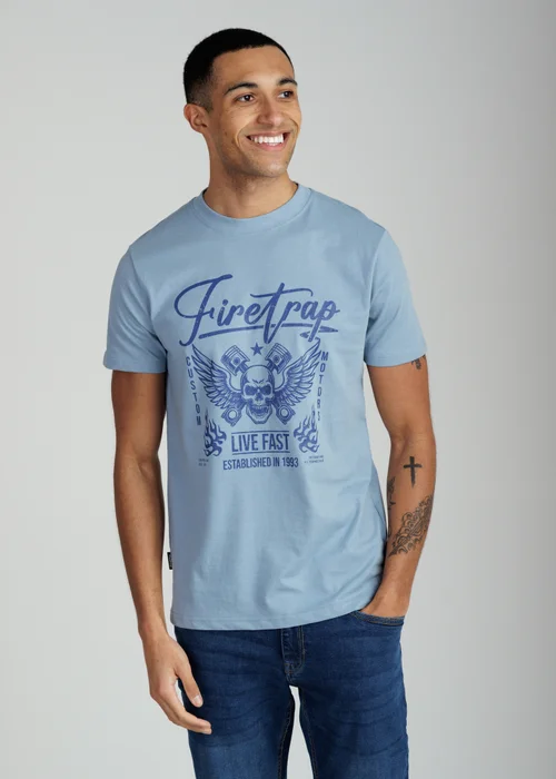 Firetrap Light Blue Regular Fit Cotton Graphic Crew T-Shirt - S Image 1