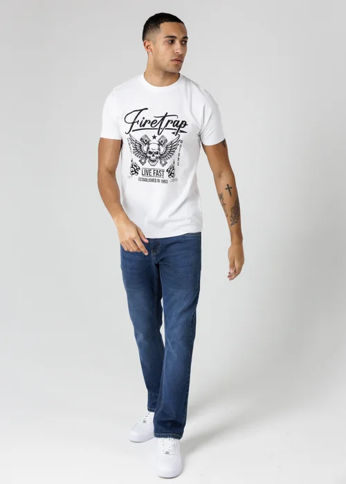 Firetrap White Regular Fit Cotton Graphic Crew T-Shirt - S Image 4