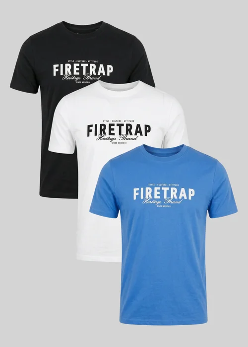 Firetrap Black 3 Pack Regular Fit Cotton Graphic Crew Neck T-Shirts - S Image 1