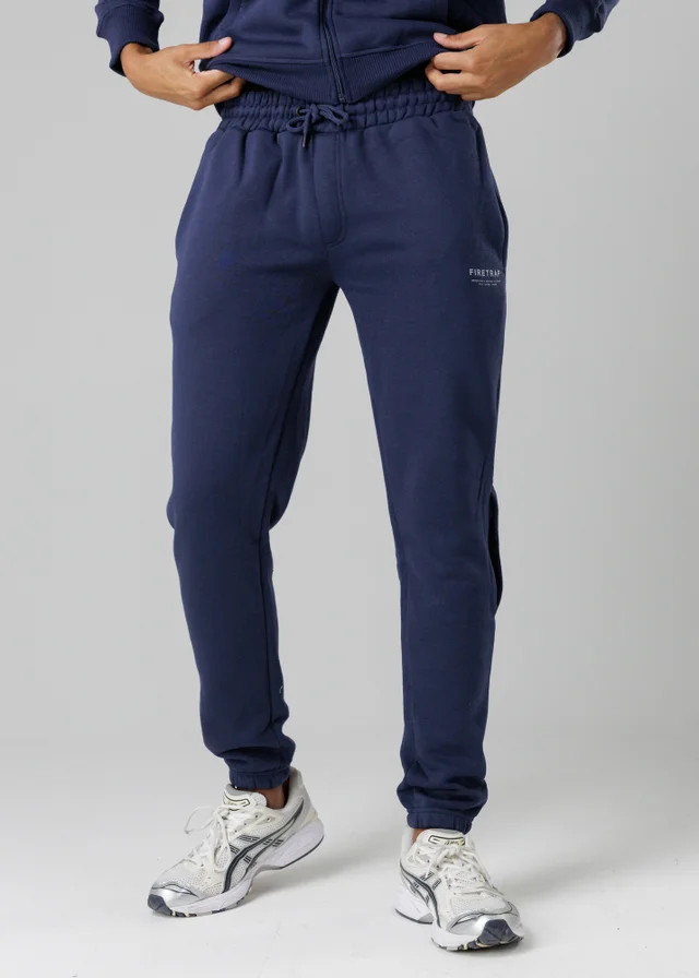 Firetrap Dark Blue Regular Fit Cotton Blend Fleece Joggers With Drawstring Waist