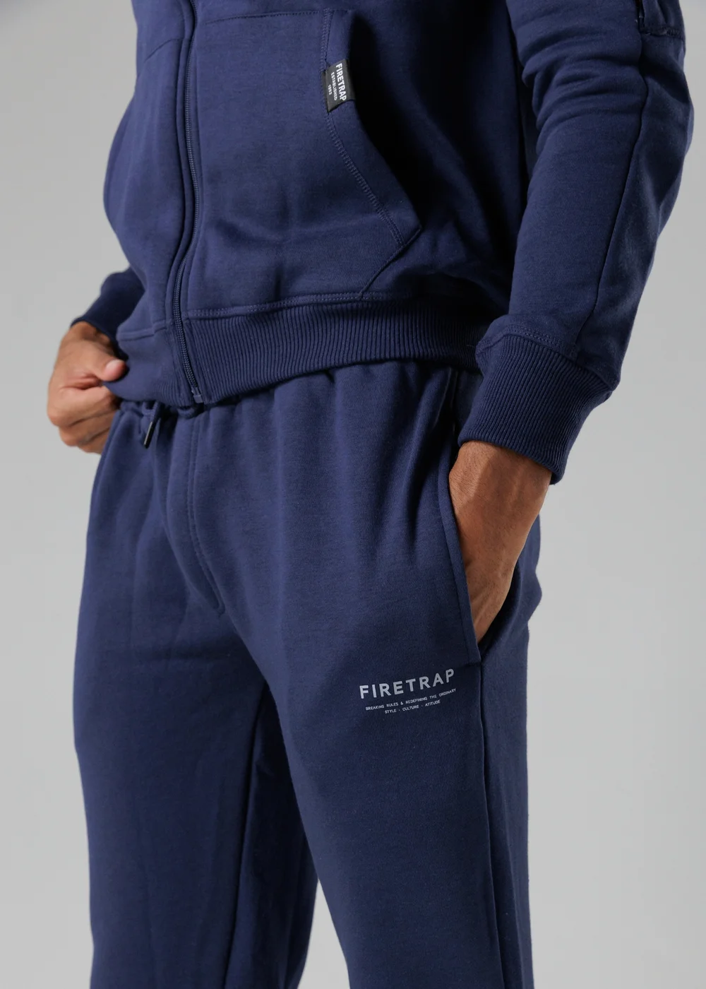 Firetrap Dark Blue Regular Fit Cotton Blend Fleece Joggers With Drawstring Waist - S Image 3