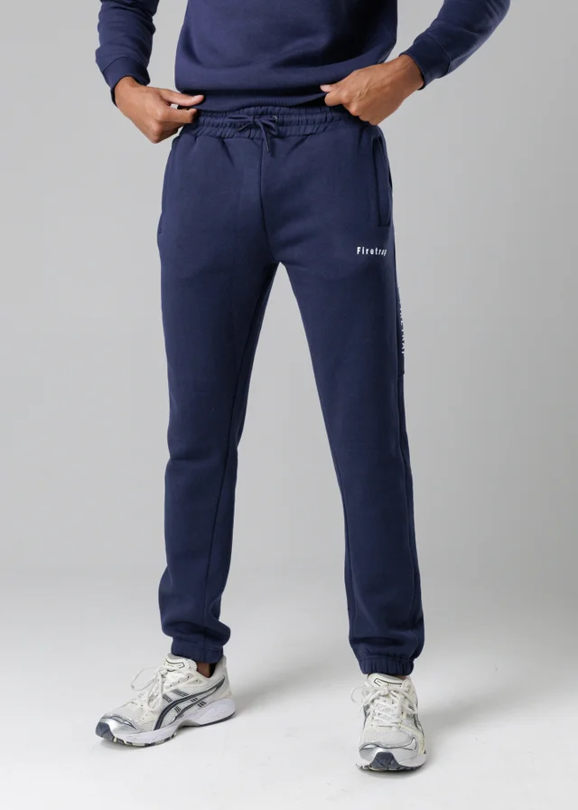 Firetrap Dark Blue Cotton Rich Brushed Fleece Joggers With Logo Strip Detail