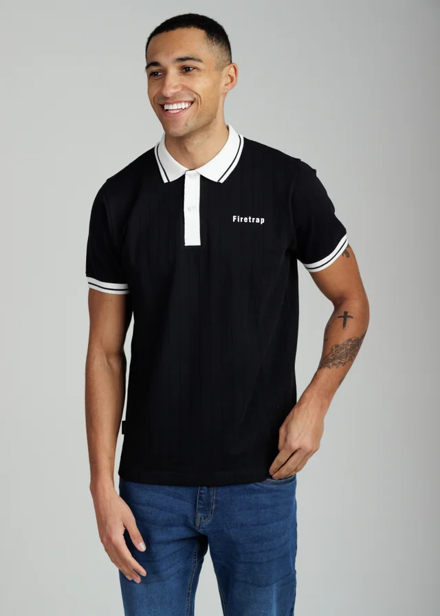 Firetrap Black Regular Fit Ribbed Cotton Button Polo