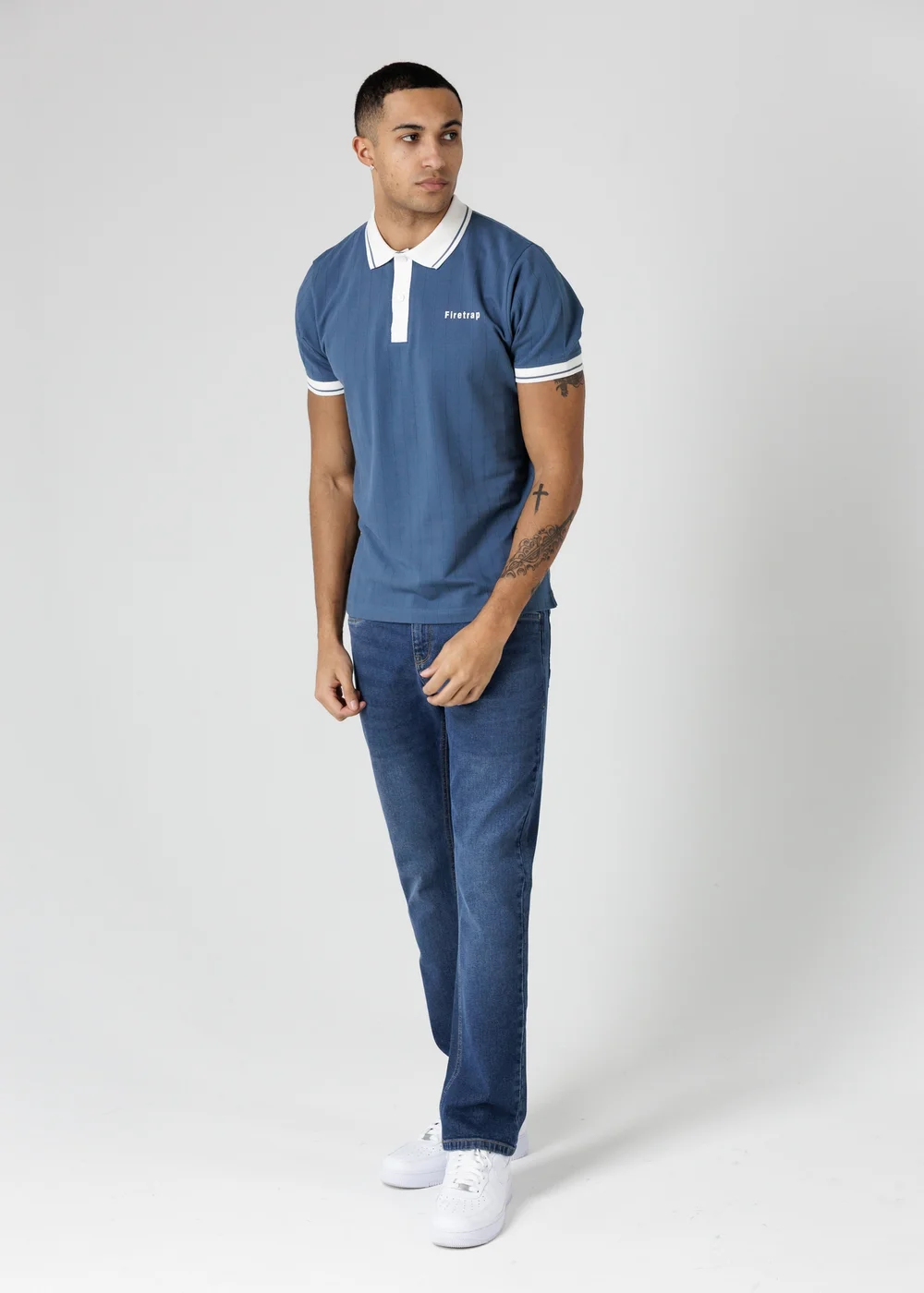 Firetrap Mid Blue Regular Fit Ribbed Cotton Button Polo - M Image 4