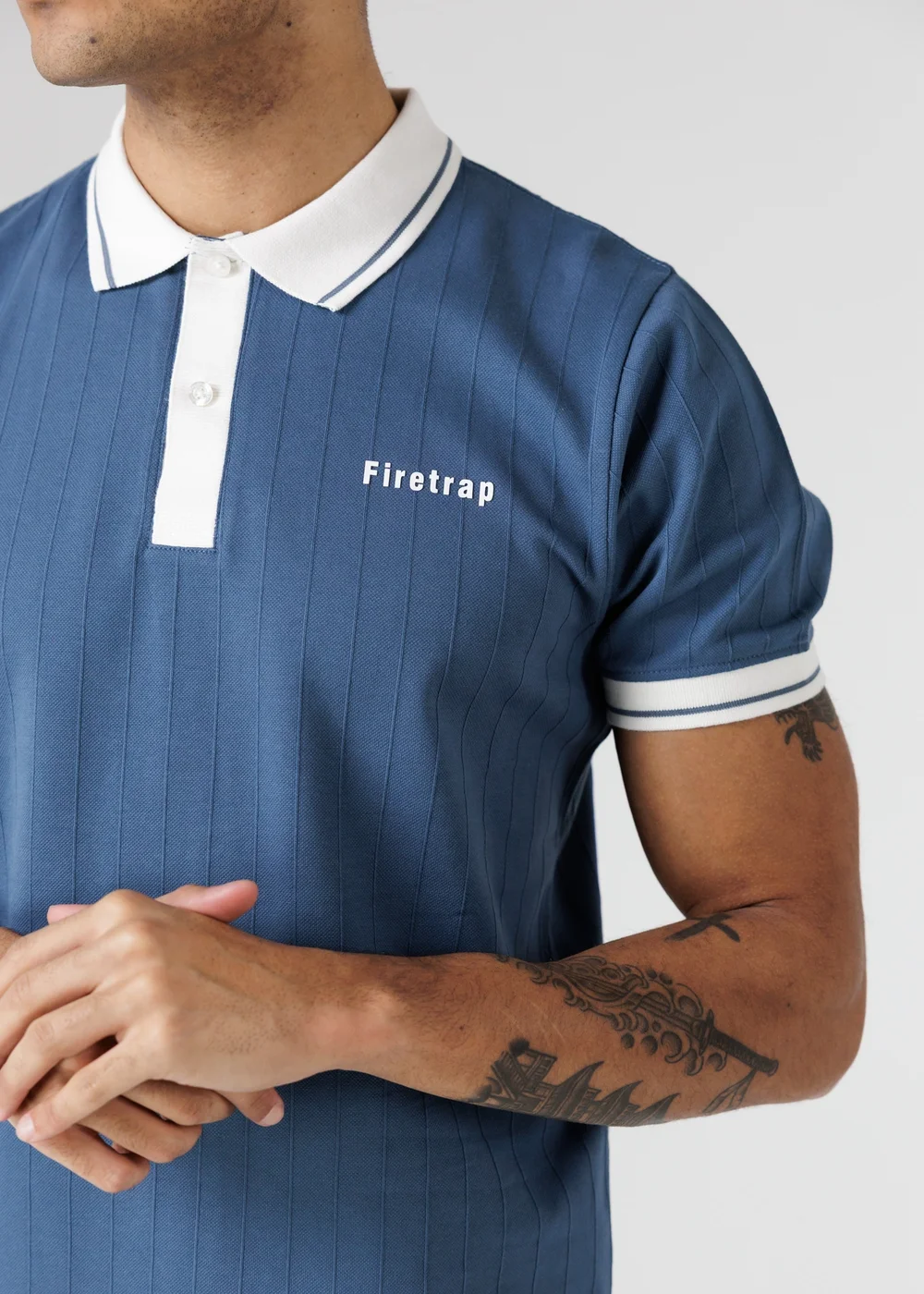 Firetrap Mid Blue Regular Fit Ribbed Cotton Button Polo - M Image 3