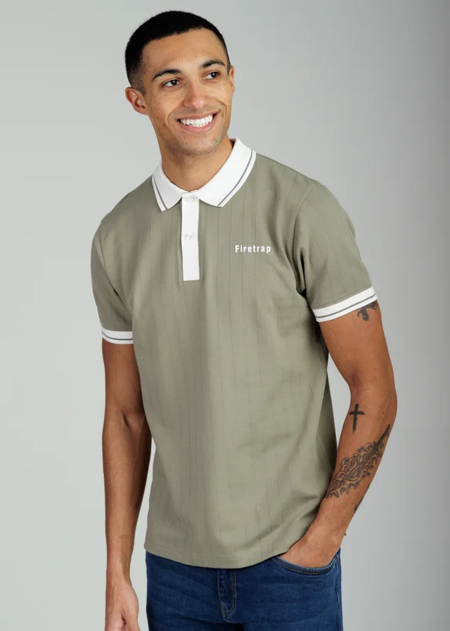 Firetrap Khaki Regular Fit Ribbed Cotton Button Polo