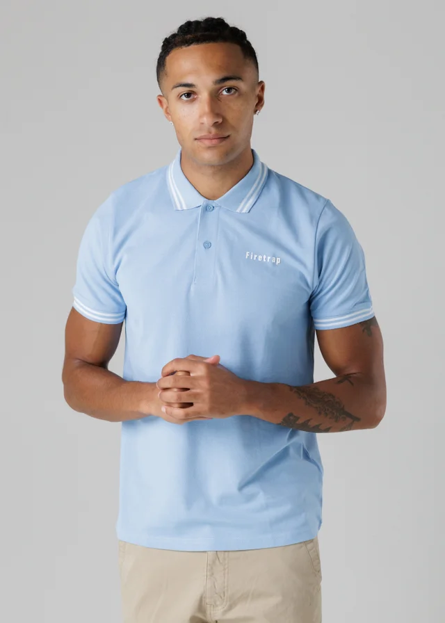 Firetrap Light Blue Regular Fit Cotton Button Polo Shirt With Stripe Detail