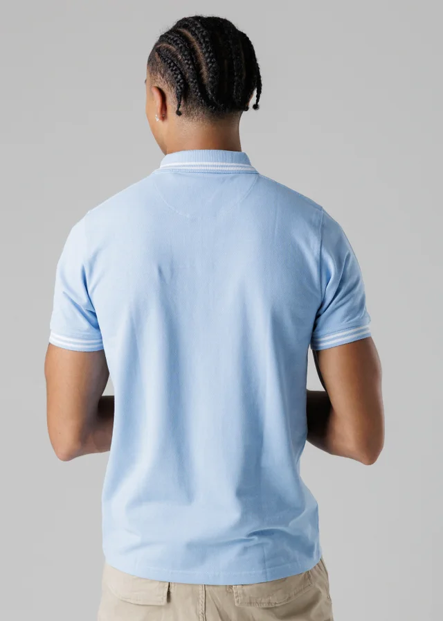 Firetrap Light Blue Regular Fit Cotton Button Polo Shirt With Stripe Detail