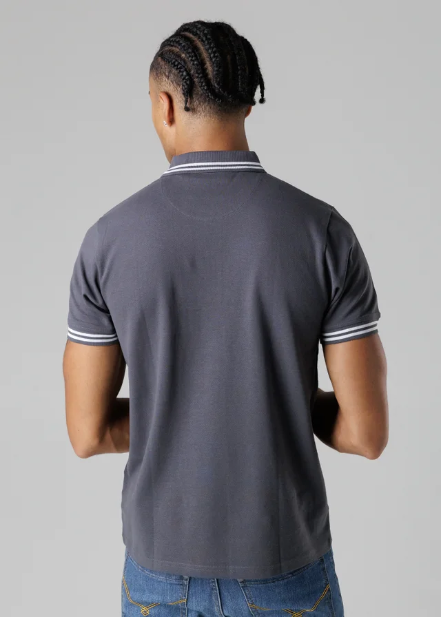 Firetrap Dark Grey Regular Fit Cotton Button Polo Shirt With Stripe Detail