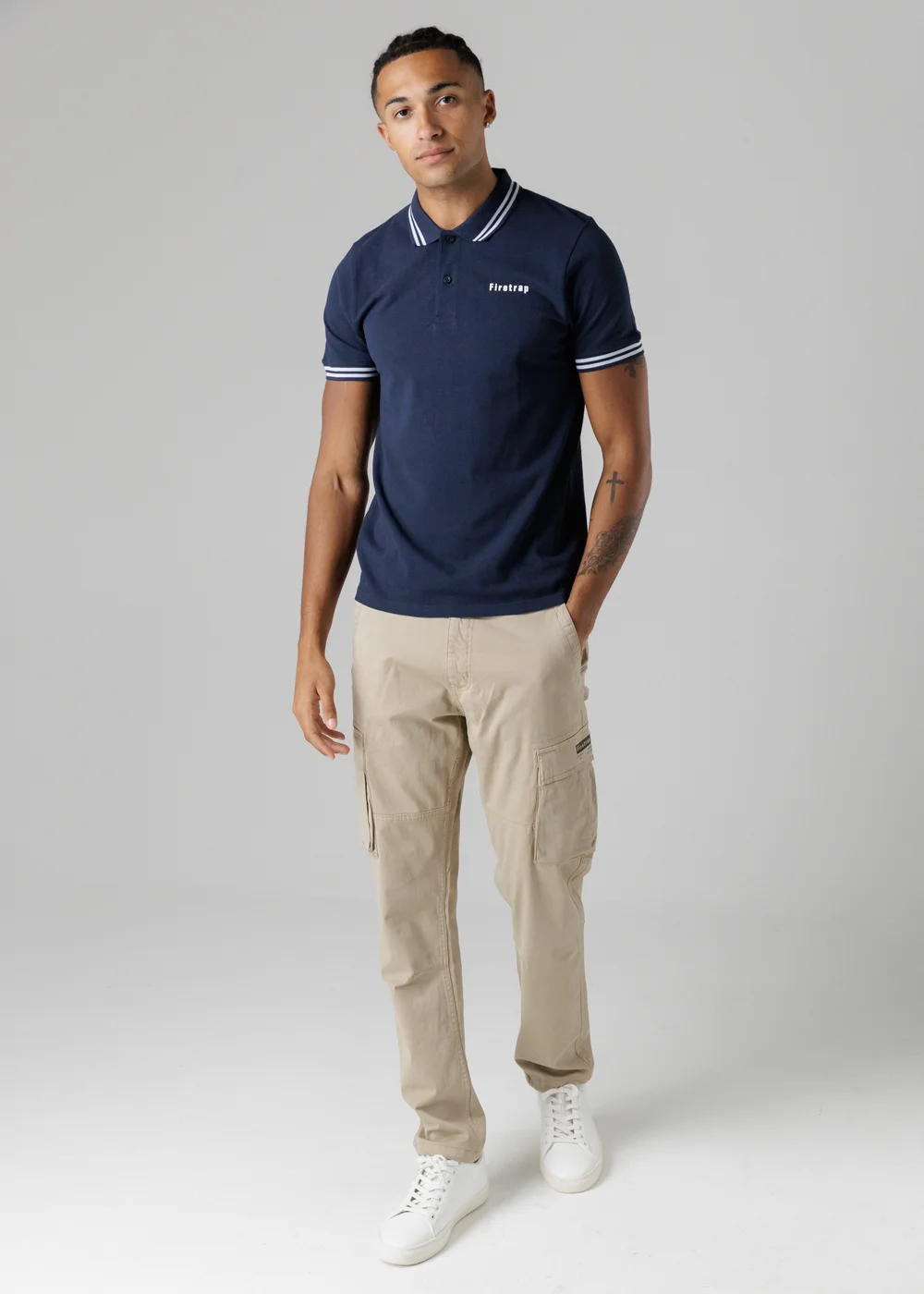 Firetrap Navy Regular Fit Cotton Button Polo Shirt With Stripe Detail - S Image 4