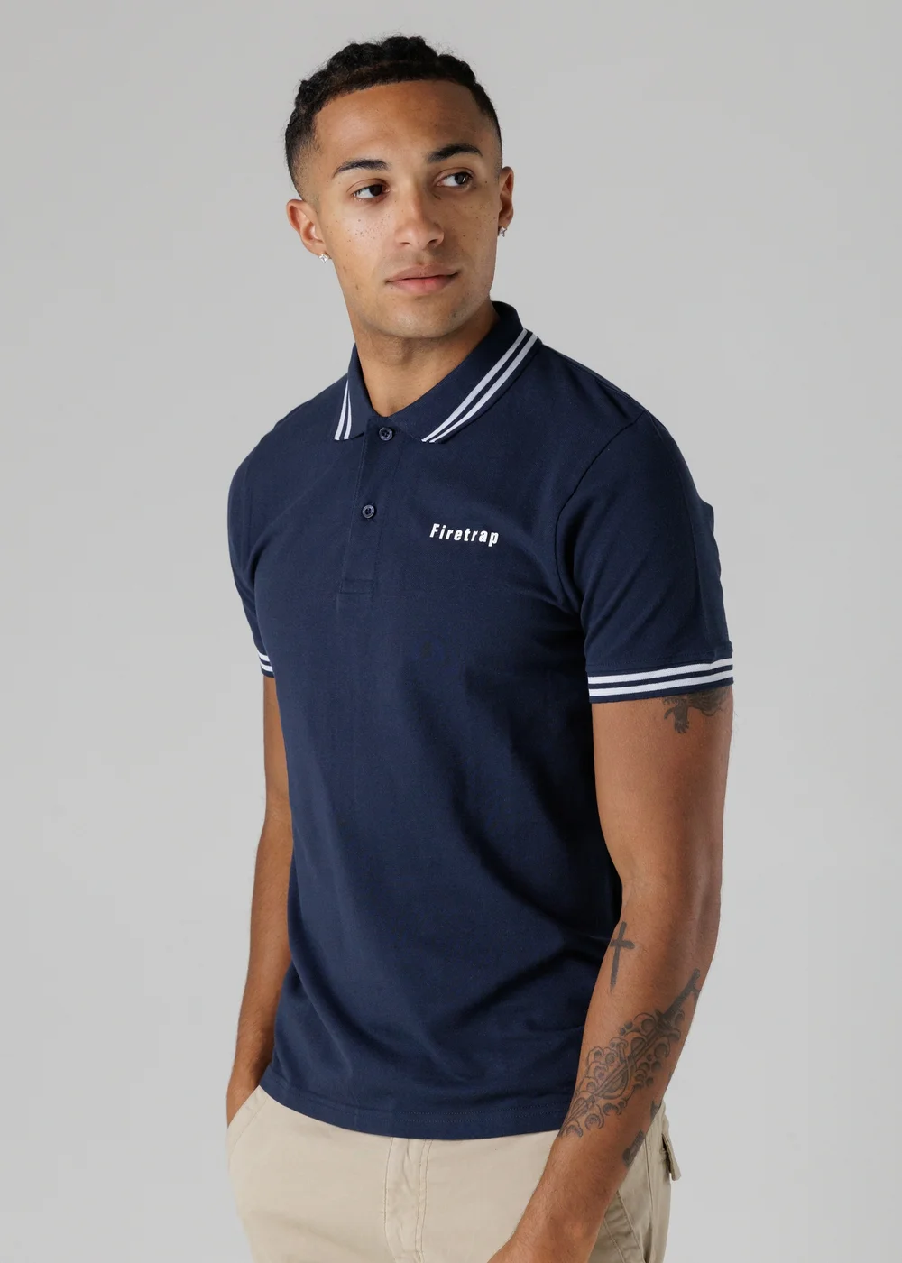 Firetrap Navy Regular Fit Cotton Button Polo Shirt With Stripe Detail - S Image 1