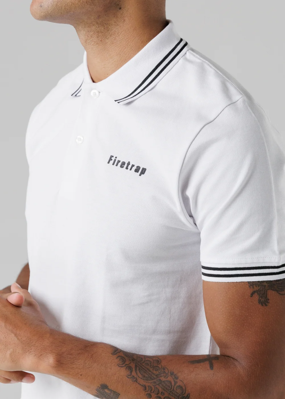 Firetrap White Regular Fit Cotton Button Polo Shirt With Stripe Detail - XL Image 3