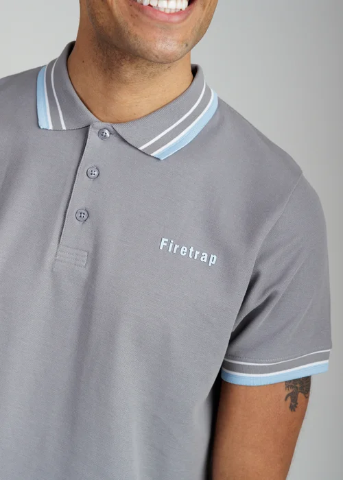 Firetrap Dark Grey Regular Fit Cotton Button Polo Shirt With Contrast Trim - S Image 3