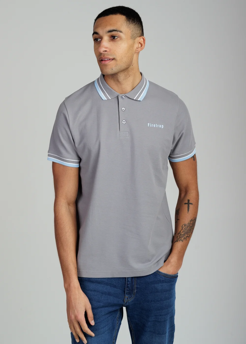 Firetrap Dark Grey Regular Fit Cotton Button Polo Shirt With Contrast Trim - S Image 1