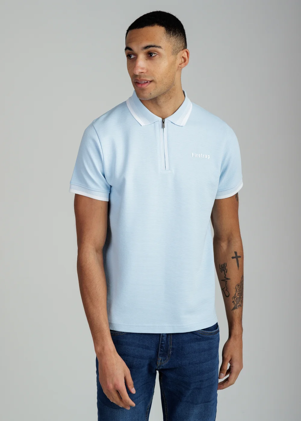 Firetrap Light Blue Regular Fit Cotton Ottoman Zip Polo - XL Image 1