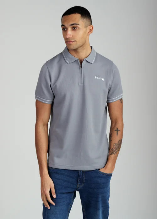 Firetrap Dark Grey Regular Fit Textured Zip Up Polo Shirt - S Image 1