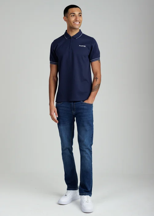 Firetrap Navy Regular Fit Textured Zip Up Polo Shirt - S Image 4