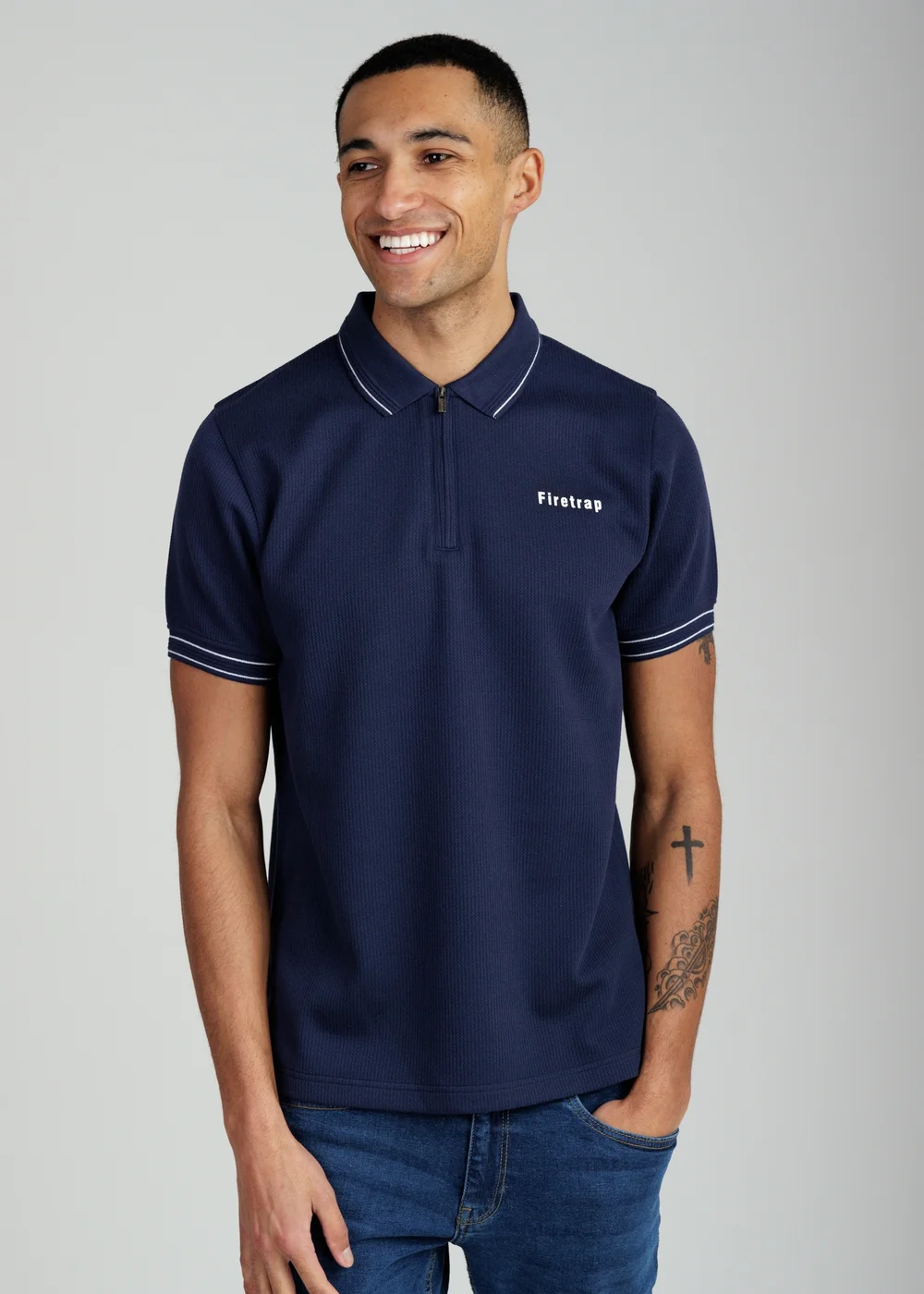Firetrap Navy Regular Fit Textured Zip Up Polo Shirt - S Image 1