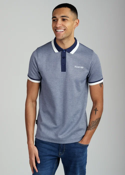 Firetrap Navy Regular Fit Cotton Rich Jacquard Polo - M Image 1