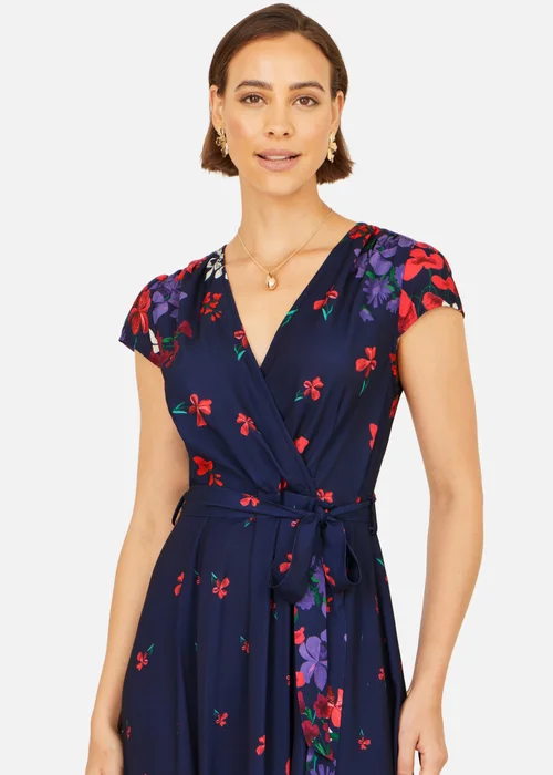 Yumi Navy Floral Mirror Wrap Dress With Dip Hem - 22 Image 3