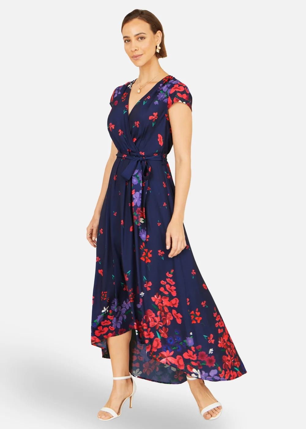 Yumi Navy Floral Mirror Wrap Dress With Dip Hem - 22 Image 1
