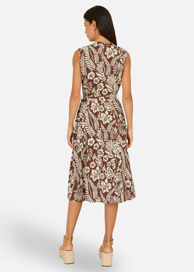 Yumi Brown Leaf Print Shirtdress