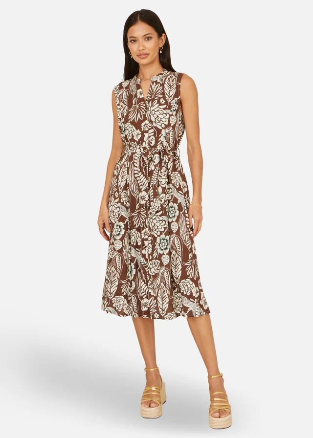 Yumi Brown Leaf Print Shirtdress