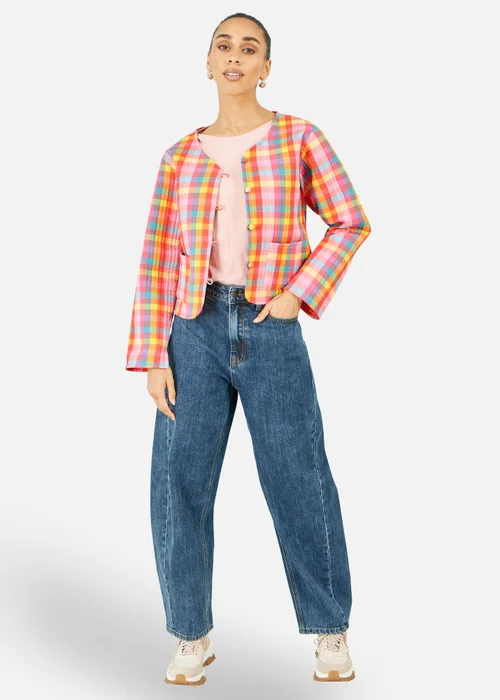 Yumi Multicolour Check Cropped Reversible Cotton Quilted Jacket - 12 Image 2