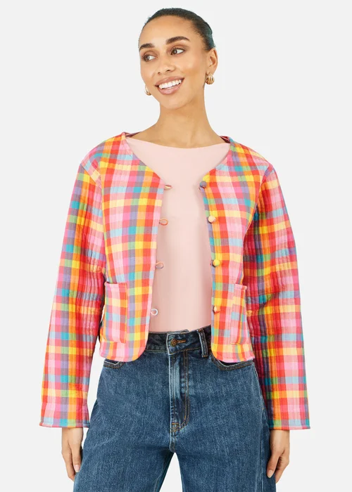 Yumi Multicolour Check Cropped Reversible Cotton Quilted Jacket - 12 Image 1