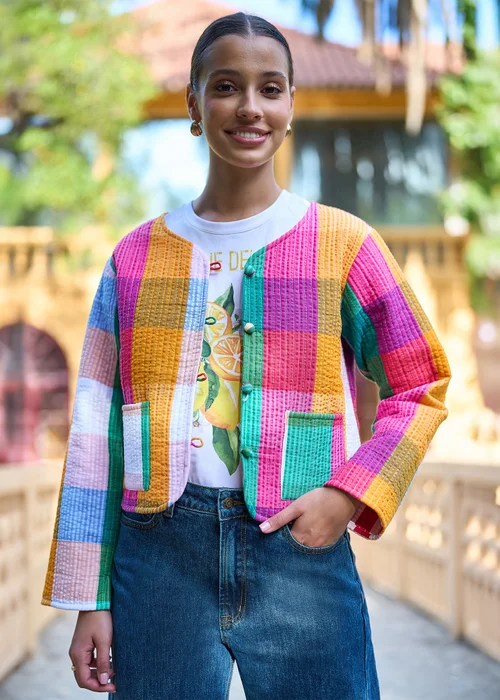 Yumi Multicolour Check Cropped Reversible Cotton Quilted Jacket - 14 Image 1