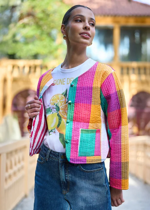 Yumi Multicolour Check Cropped Reversible Cotton Quilted Jacket - 14 Image 2