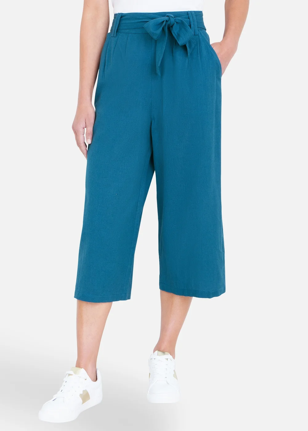Yumi Teal Linen Mix Cropped Trousers With Tie Belt - 16 Image 1