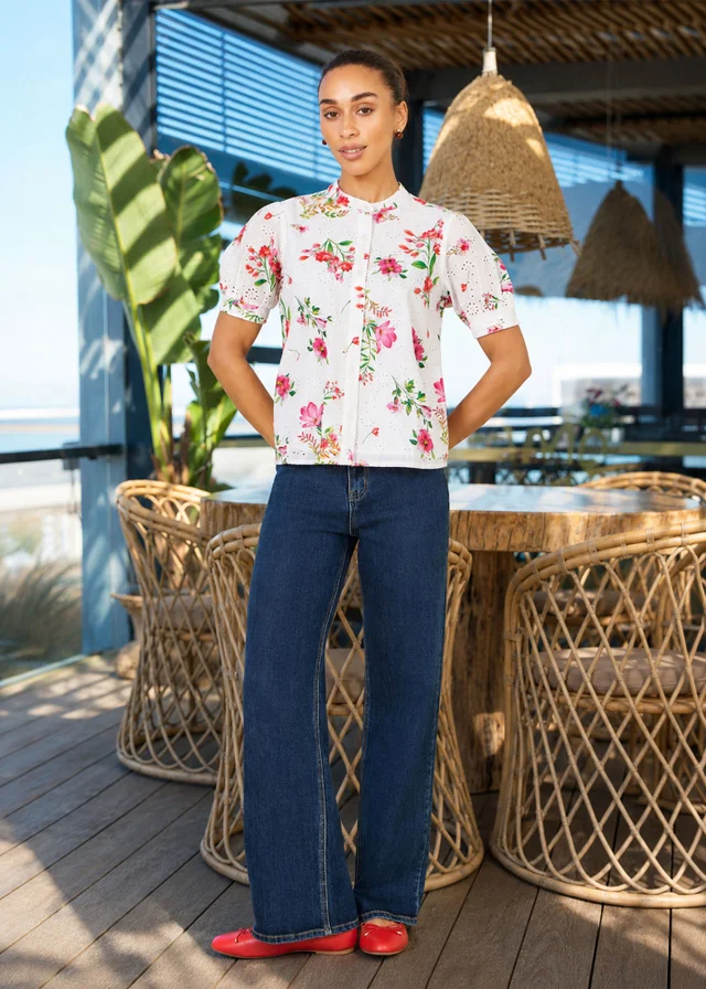 Yumi White Cotton Broderie Anglaise Floral Shirt