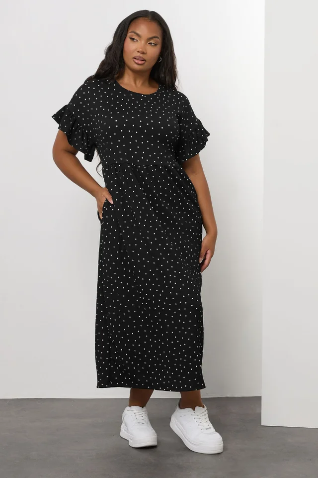 Yours Curve Black Polka Dot Frill Sleeve Maxi Dress