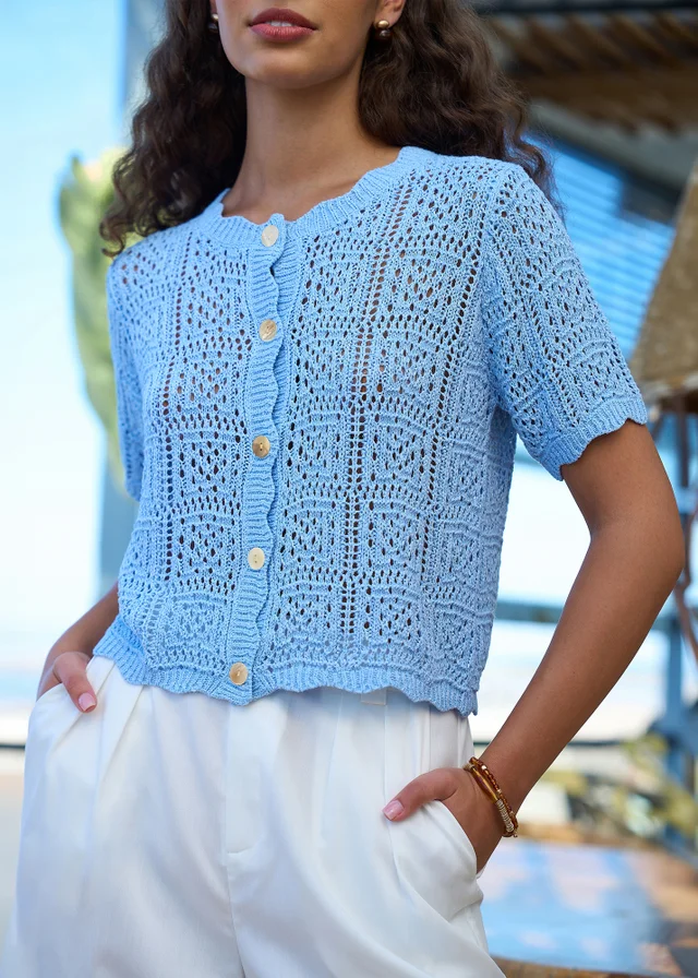 Yumi Blue Crochet Short Sleeve Cardigan