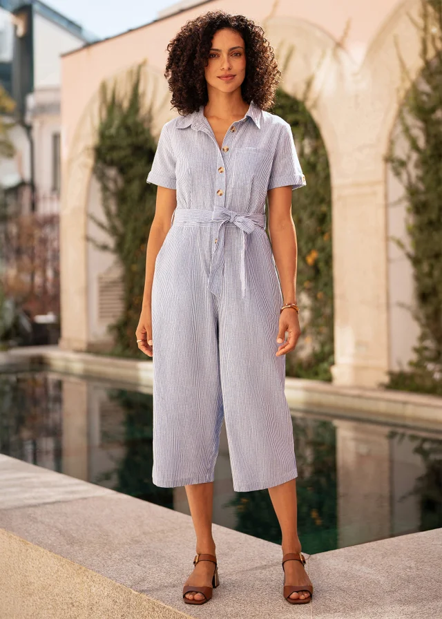 Yumi Blue Pinstripe Cotton Jumpsuit